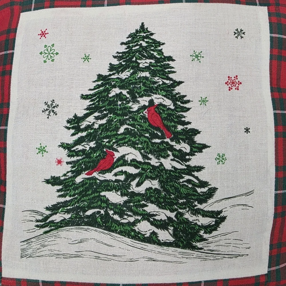 Vintage Christmas Pillow Ruffles Tree with Red Birds